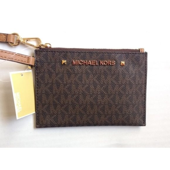 New! MICHAEL KORS MK Logo Karla Brown Wristlet With Strap Zip-Top - Picture 5 of 8